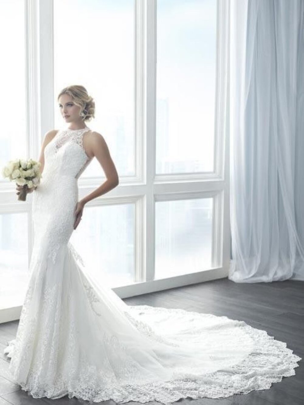 Christina Wu 15620 Ivory wedding dress mermaid fit, illusion high neck.  Size 12